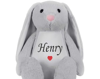 Personalised Grey Bunny Teddy – Embroidered Rabbit Soft Toy with Name | Custom Baby Gift, Newborn Keepsake or Easter Bunny Present