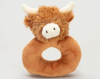 Hochet souple corne de vache des Highlands, hochet animal, jouet pour bébé, peluche pour bébé, cadeau bébé, cadeau nouveau-né