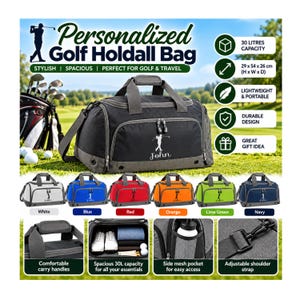 Può includere: Una borsa sportiva nera e grigia con la grafica di un golfista e il nome John stampato sul davanti. La borsa ha una capacità di 30 litri, misura 29 x 54 x 26 cm e presenta manici, una tasca laterale in rete e una tracolla regolabile.
