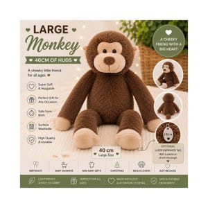 Personlig apa plysch 40 cm, stor apa nallebjörn, mjuk gosedjursapa, graverad etikettpresent, babyshowerpresent, djungeldjursminne
