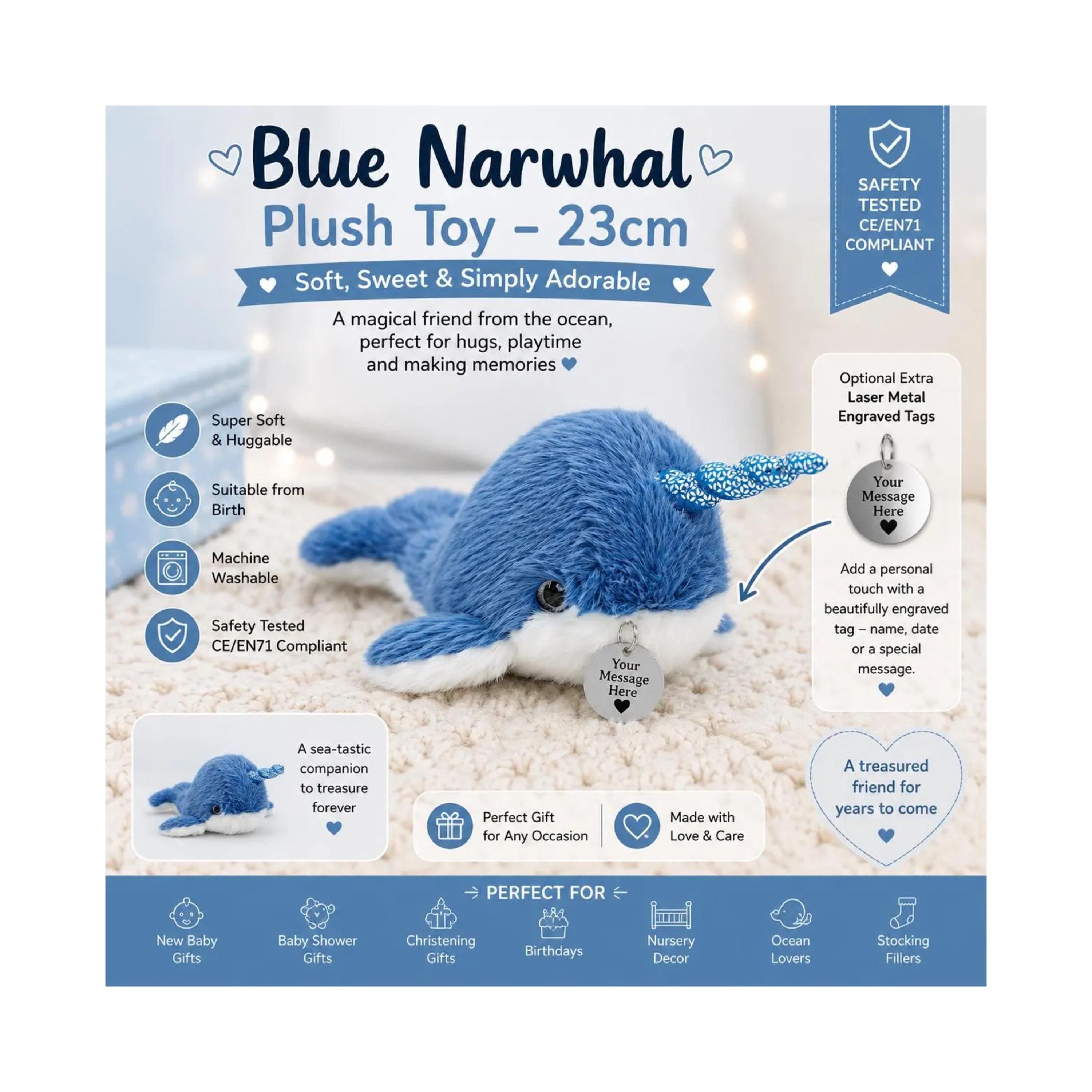 Personalised Narwhal Plush Toy 23cm, Soft Baby Safe Ocean Toy