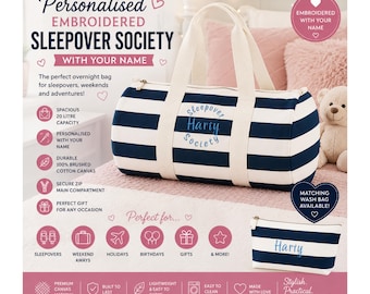 Personalisierte, bestickte Reisetasche für Übernachtungspartys, individuelle Reisetasche fürs Wochenende, Kinder-Reisetasche, Regenbogen-Namensgeschenk, optionaler Waschbeutel