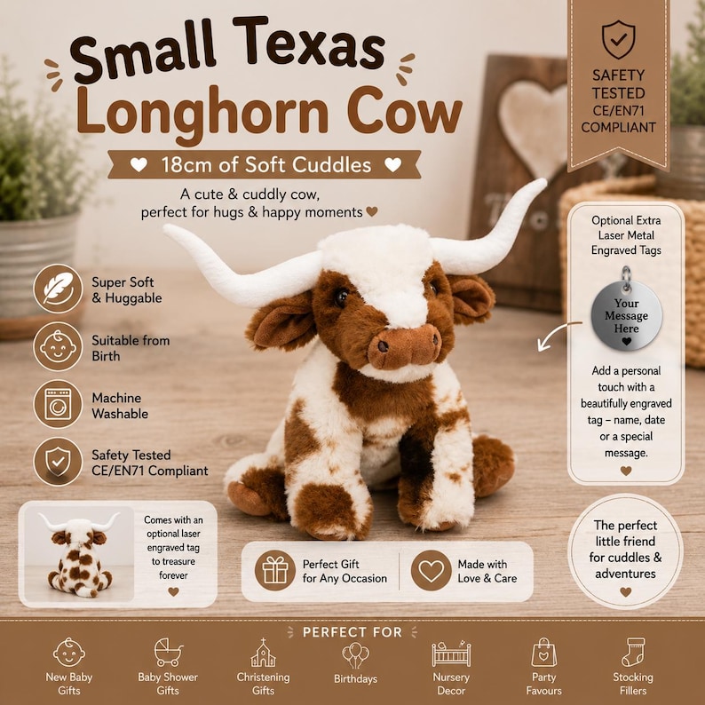 May include: A plush Texas Longhorn cow toy with brown and white fur, long white horns, and dark eyes. The image includes text: Small Texas Longhorn Cow, 18cm of Soft Cuddles, Safety Tested CE/EN71 Compliant, and an optional laser metal engraved tag.