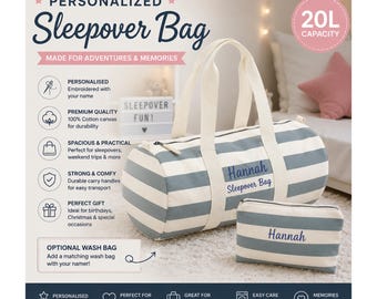 Personalised striped sleepover bag, embroidered kids weekend holdall, custom canvas overnight bag, optional wash bag, 20l