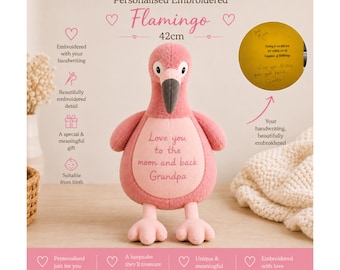 Personalised Handwriting Flamingo 42cm – Custom Embroidered Message Soft Toy, Memorial Keepsake, Birthday Gift