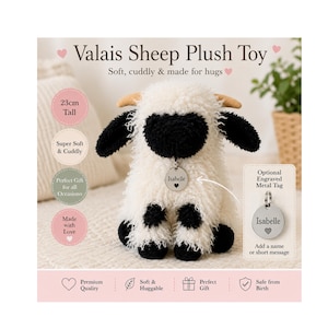 Walliser Schwarznasenschaf-Plüschtier, 23 cm – weiches, kuscheliges Schaf-Teddy, optional mit personalisiertem, graviertem Metallanhänger, Geburtstagsgeschenk