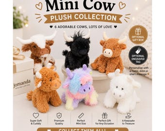 Mini Cow Plush Toy Collection, Highland Cow Soft Toy, Optional Personalised Engraved Tag & Gift Box, Cute Cow Keepsake Gift