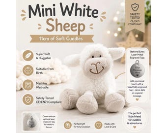 Personalised Mini White Sheep Soft Toy 11cm, Custom Embroidered Lamb Plush, Baby Shower Gift, New Baby Keepsake, Optional Laser Engraved Tag