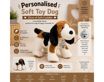 Personalised Brown & Black Puppy Dog Soft Toy 20cm with Engraved Metal Tag, Custom Plush Dog, Keepsake Gift, New Baby, Birthday Gift