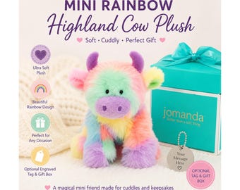 Personalised Mini Rainbow Highland Cow Plush – Cute Soft Cow Toy, Optional Engraved Tag & Gift Box, Baby Gift, Birthday Keepsake