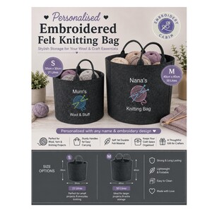 May include: Two dark gray felt knitting bags with black handles. The small bag is 30cm x 30cm with 21 liters capacity, labeled 'Mum's Wool & Stuff'. The medium bag is 40cm x 40cm with 50 liters capacity, labeled 'Nana's Knitting Bag'. Both feature yarn embroidery.