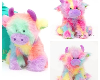 Peluche vache Highland arc-en-ciel : peluche douce avec étiquette gravée