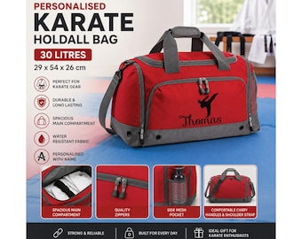 Personalised Karate Holdall Bag – Embroidered Name Martial Arts Gym Bag, 30L Training Kit Bag, Karate Gift