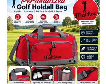 Personalised Golf Holdall Bag – Embroidered Name Golf Bag, 30L Sports & Travel Duffle, Golf Gift for Men, Dad, Husband or Golfer