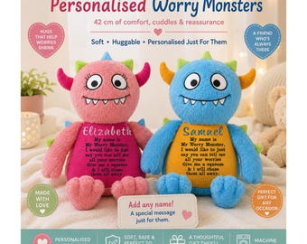 Monstruo de las preocupaciones personalizado de 42 cm, nombre y mensaje de preocupación bordados, juguete de peluche reconfortante, compañero de abrazos, regalo especial para niños.