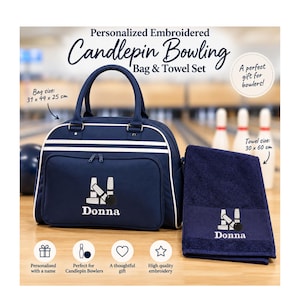 May include: A navy blue bowling bag and towel set featuring white stripes and embroidered graphics of bowling pins and a ball. The bag measures 31 x 44 x 25 cm and the towel measures 30 x 60 cm. Both items are personalized with the name Donna.