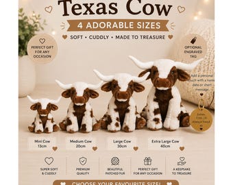 Texas longhorn cow plush toy, choose 13cm 20cm or 30cm, optional personalised engraved tag, cute cow soft toy keepsake gift
