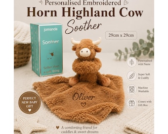 Personalised Highland Cow Baby Soother 29cm – Embroidered Name Comforter with Gift Box, Newborn Baby Gift