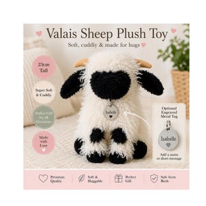 Peluche mouton nez noir du Valais 23 cm – doux et câlin mouton en peluche, étiquette métallique gravée personnalisée en option, cadeau d'anniversaire