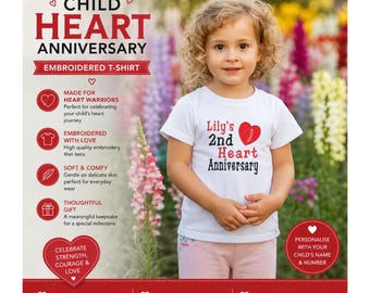 Personalised CHD Heart Anniversary T-Shirt – Embroidered Child’s Name & Heart Surgery Anniversary, Heart Warrior Gift, CHD Keepsake