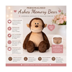 May include: A brown plush monkey toy with a tan face and belly, featuring a smiling expression. The image includes text stating 'Personalised Ashes Memory Bear' and '42cm Tall', along with a small metallic heart-shaped tin for storage.