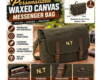 Personalised Waxed Canvas Messenger Bag, Embroidered Initials, Vintage Leather Trim Satchel, Crossbody Work And Travel Bag, Gift for Him