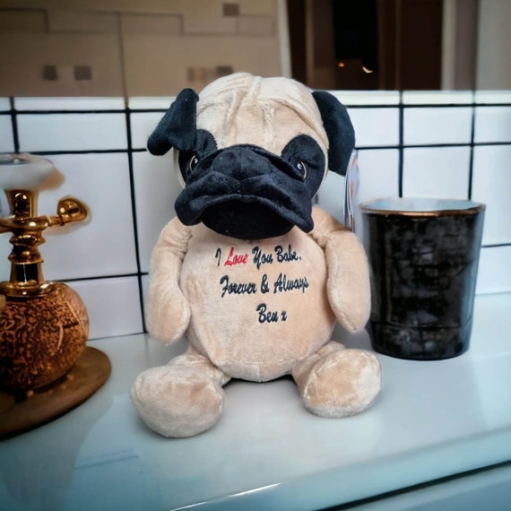 Personalised Embroidered Pug Birth Announcement Pug Teddy Bear