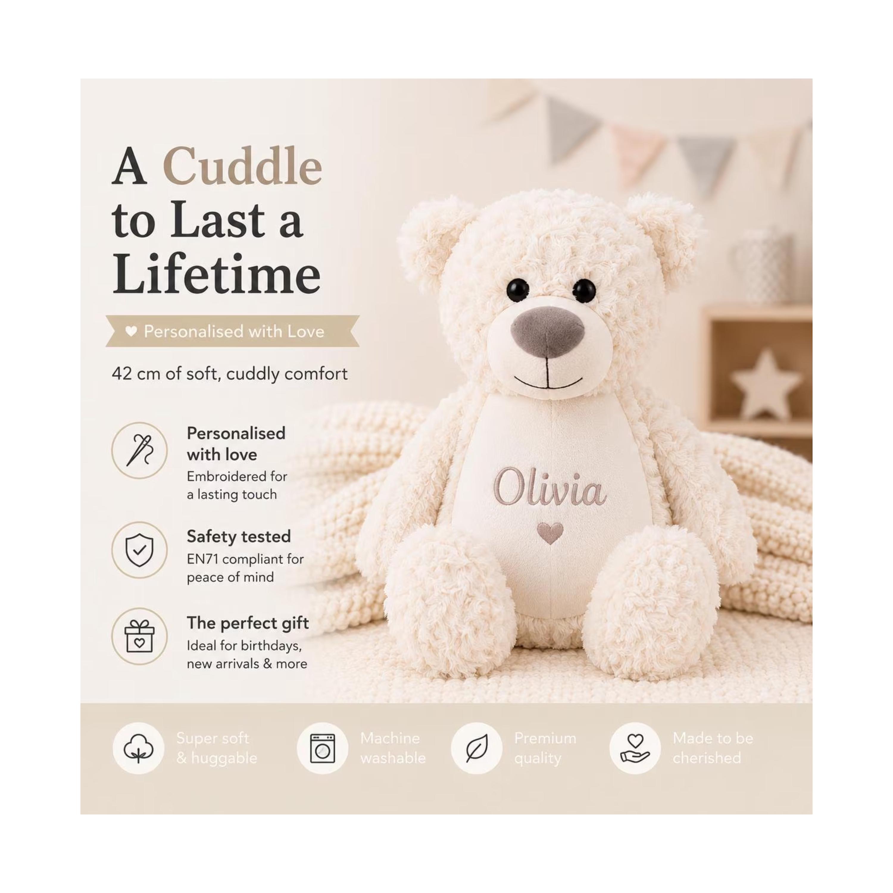 Personalized Cream Teddy Bear | Embroidered Plush Keepsake (42cm