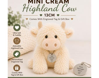 Mini Cream Highland Cow Plush 13cm with Personalised Engraved Tag & Gift Box, Cute Cow Soft Toy, Keepsake Gift