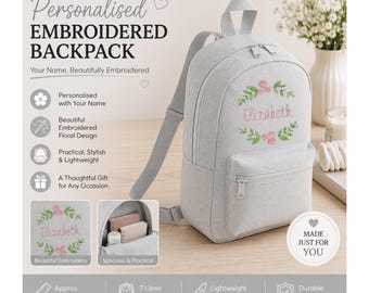 Mochila floral bordada personalizada – Mochila infantil con nombre personalizado para guardería, mochila de flores para niñas, 7 litros de capacidad.