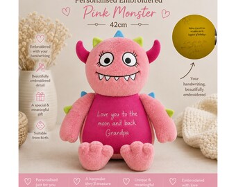 Personalised Pink Monster Handwriting 42cm – Custom Embroidered Message Soft Toy, Memorial Keepsake, Birthday Gift