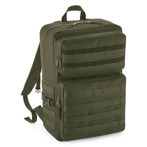 May include: Olive green backpack with multiple zippered compartments and adjustable straps. Features a top handle, front pockets with hook-and-loop panels, and a buckle closure. The bag has a rectangular shape and a tactical design.