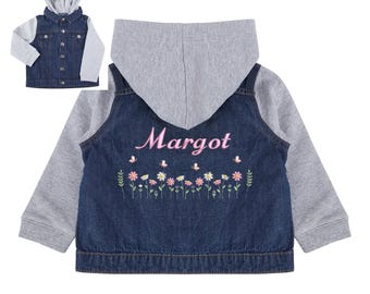 Custom Embroidered Girls Denim Jacket, Personalised With A Child's Name, Personalized Flowers, Toddler Baby Children's Denim Jacket
