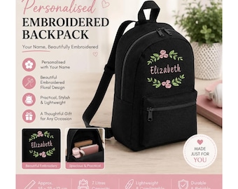 Mochila floral bordada personalizada – Mochila infantil con nombre personalizado para guardería, mochila de flores para niñas, 7 litros de capacidad.