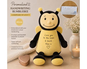 Personalised Handwriting Bumblebee 42cm – Custom Embroidered Memorial Keepsake, Bereavement Remembrance Soft Toy, Handwriting Gift