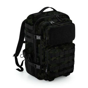 May include: A black and green camouflage backpack with multiple compartments, zippers, and adjustable straps. The backpack has a top handle, a front Velcro patch, and a MOLLE system for attaching extra gear. The bag is designed for outdoor activities and travel.