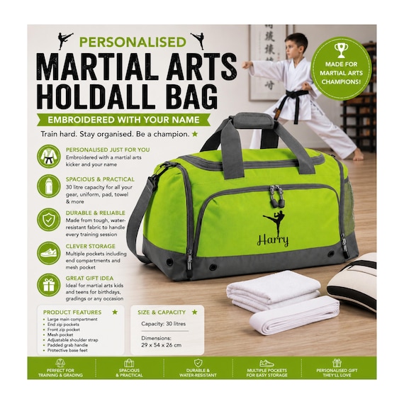 Personalised Martial Arts Holdall Bag, Embroidered Karate & Taekwondo Training Bag, Custom Sports Kit Bag, 30 Litre Gym Duffel Gift