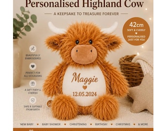 Personalised Highland Cow Teddy Bear – Custom Embroidered Soft Toy | Baby Gift, Newborn, Birthday Keepsake | Handmade UK