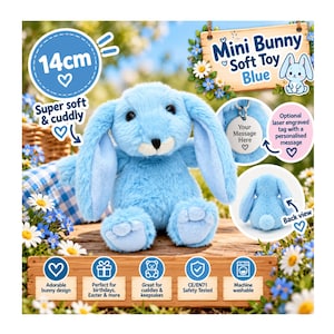 Personalised mini blue bunny soft toy 14cm, custom name rabbit plush gift, optional engraved message tag, baby shower, easter gift