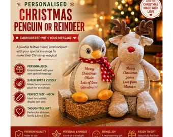 パーソナライズされたクリスマスペンギンまたはトナカイ 42cm – 刺繍メッセージ入りぬいぐるみ、カスタムクリスマステディベア、お祝いの記念ギフト