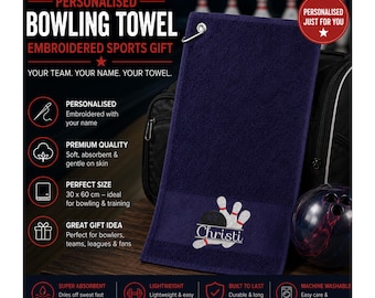 Personalisiertes Bowlinghandtuch – Bestickter Name oder Teamname, 30 x 60 cm, Bowling-Sporthandtuch, Geschenk für Bowling-Fans, Geschenk für Bowling-Teams