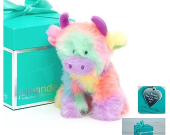 Personalised Mini Rainbow Cow Plush Soft Toy In Pop Up Box CE/UKCA