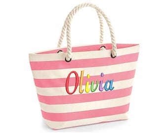 Personalisierte Gestreifte Strandtasche: Regenbogen-Namensstickerei
