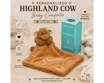 Personalised Highland Cow Baby Comforter with Gift Box – Embroidered Name Soother, Newborn Baby Gift, Baby Shower Keepsake