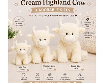 Cream Highland Cow Plush Toy, Choose 11cm 20cm or 30cm, Optional Personalised Engraved Tag, Cute Cow Soft Toy Keepsake Gift