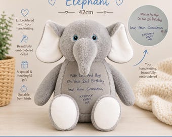Personalised Handwriting Elephant 42cm – Custom Embroidered Message Soft Toy, Memorial Keepsake, Birthday Gift