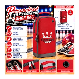 May include: A red bowling shoe bag with a grey base, a top carry handle, and a black ventilation hole. The front features a white graphic of three bowling pins above the name Samuel. It measures 35 cm by 19 cm by 12 cm with an 8-liter capacity.