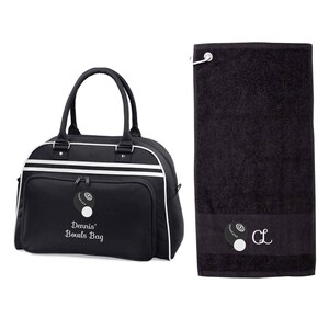 Personalisierte gestickte Rasenschalen-Tasche und Handtuch-Set mit Name oder Initialen | Personalisiertes besticktes Bowler Geschenk für Sie und Ihn