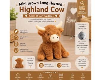 Personalised mini brown long horned highland cow 13cm, custom embroidered highland cow plush, scottish cow gift, optional laser engraved tag