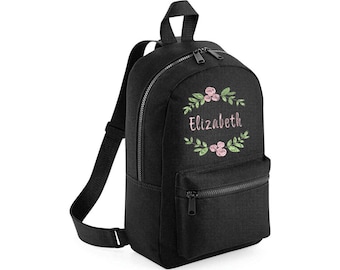 Sac à dos avec cadre fleuri, sac brodé fille personnalisé, rentrée des classes, sac pour chambre d'enfant, couronne de fleurs